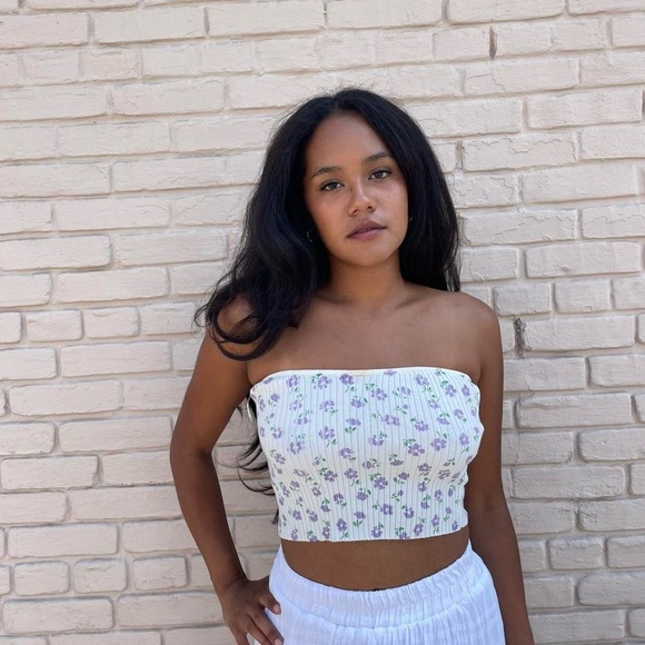 H&M cream floral tube top crop top sz s - Picture 5 of 6